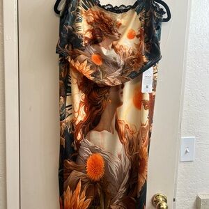 SHEIN Strapless Dress with Artistic Print in Orange and Black